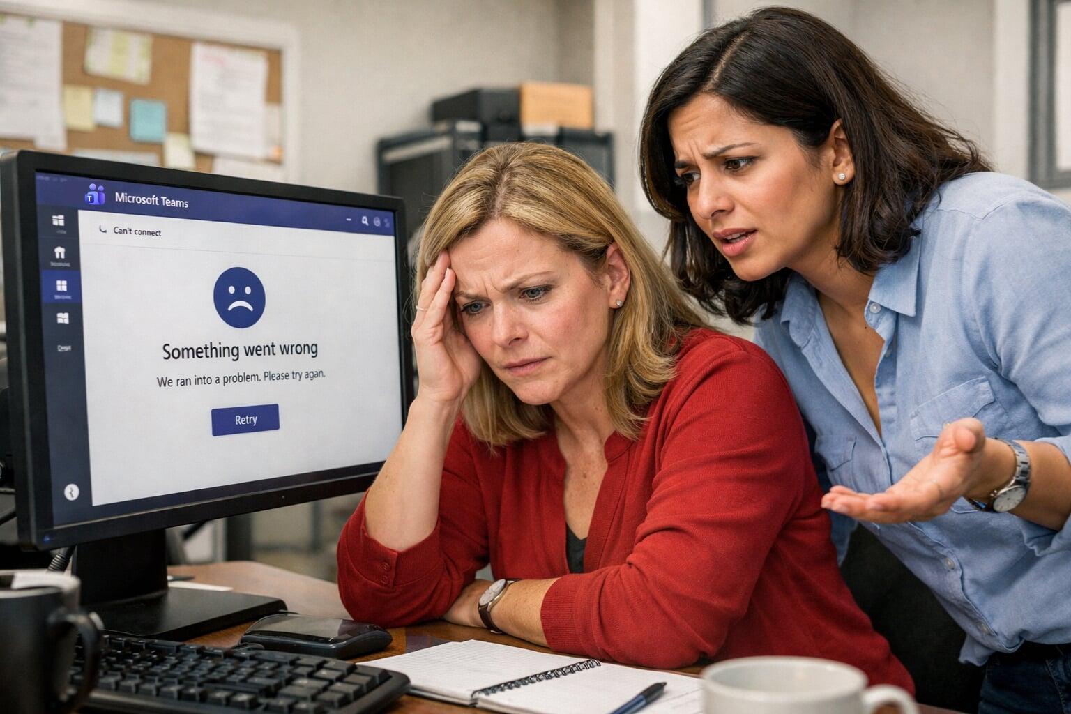 Two women frustrated because something went wrong and they require modern workplace training, graphic on Bauer Automate's Website