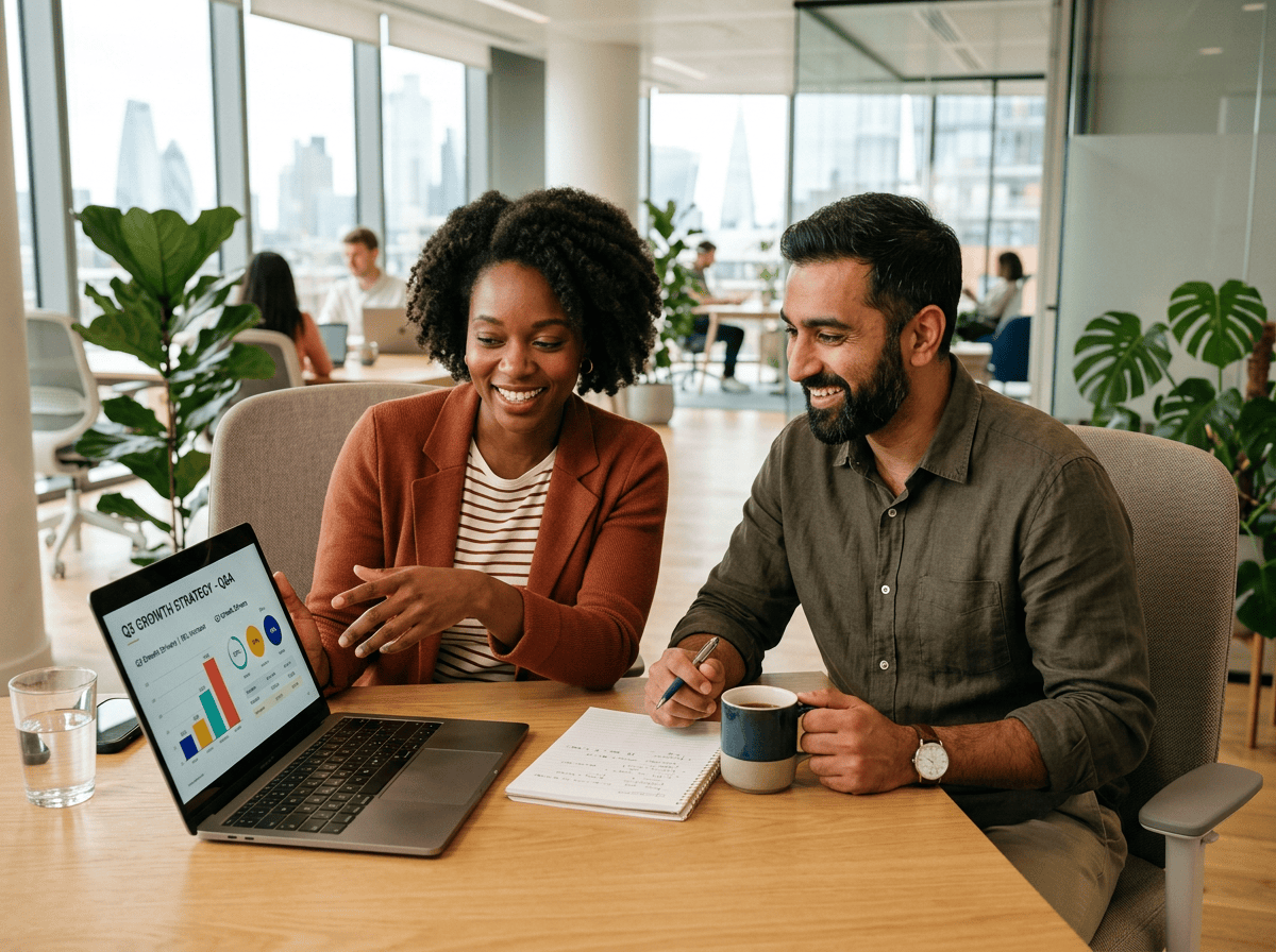 Lady showing a client if Power Platform is right for them. Image on Bauer Automate's Website