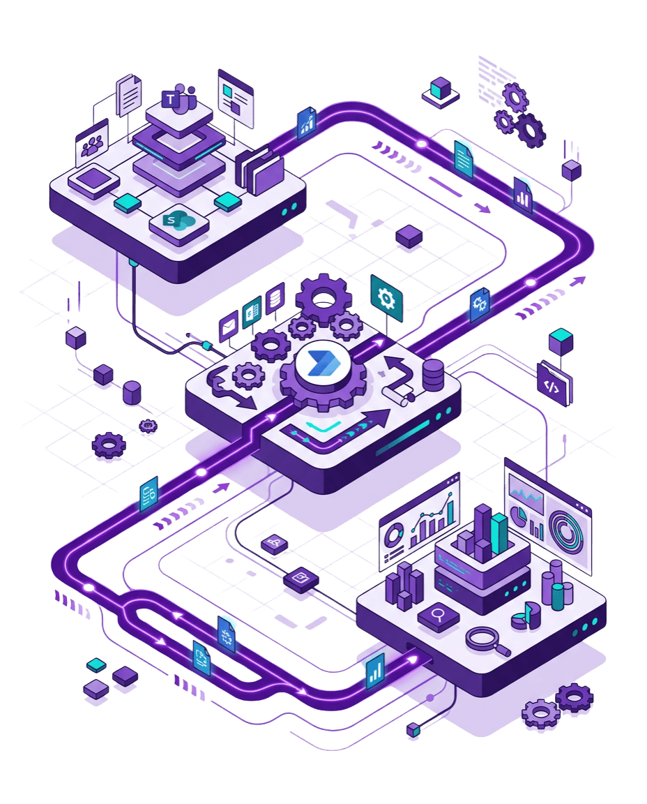 Graphic of Bauer Automate's Expertise in delivering end-to-end automation and digital transformation solutions. Featuring Microsoft 365 adoption and SharePoint migrations to Power Platform Solution development, Power BI dashboards, and third-party integrations.