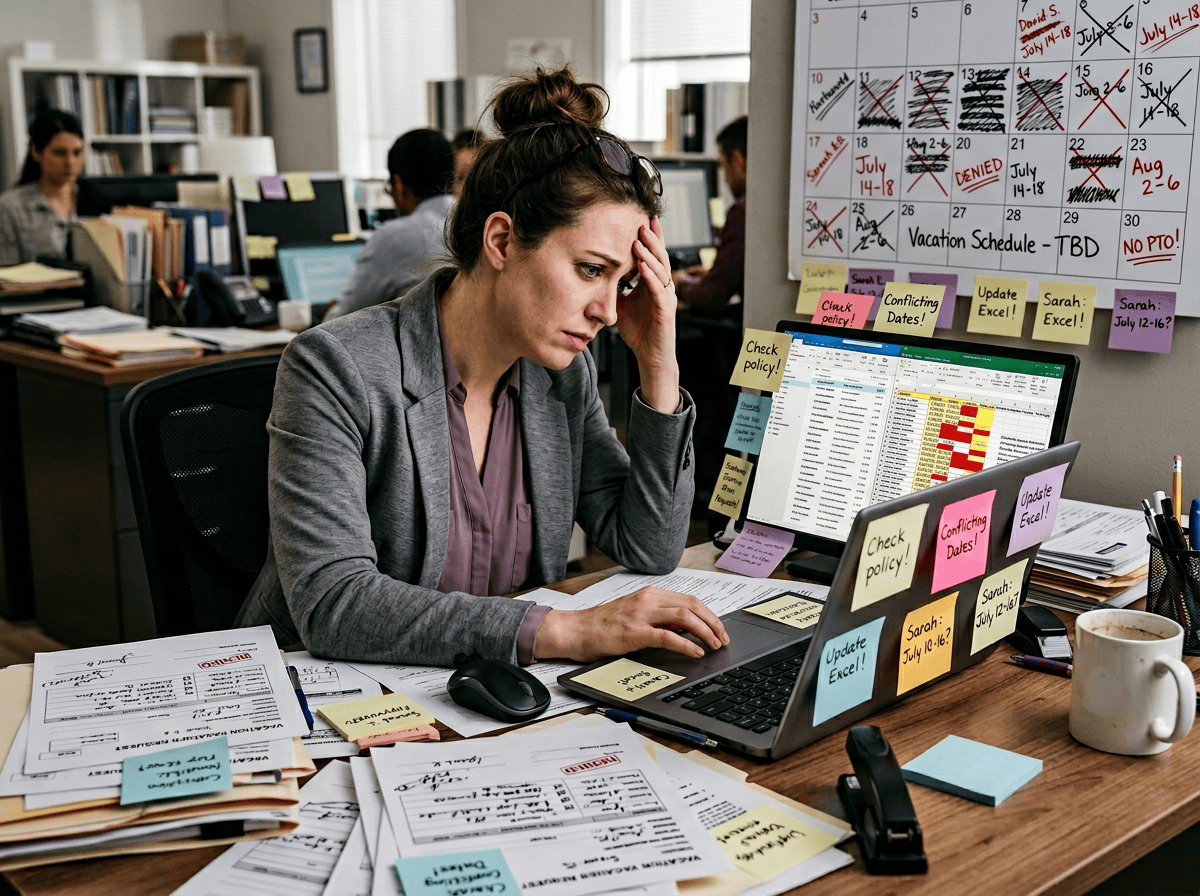 Frustrated worker struggling with time off management. Graphic to explain why Digital Time Off Management matters on Bauer Automate's Website